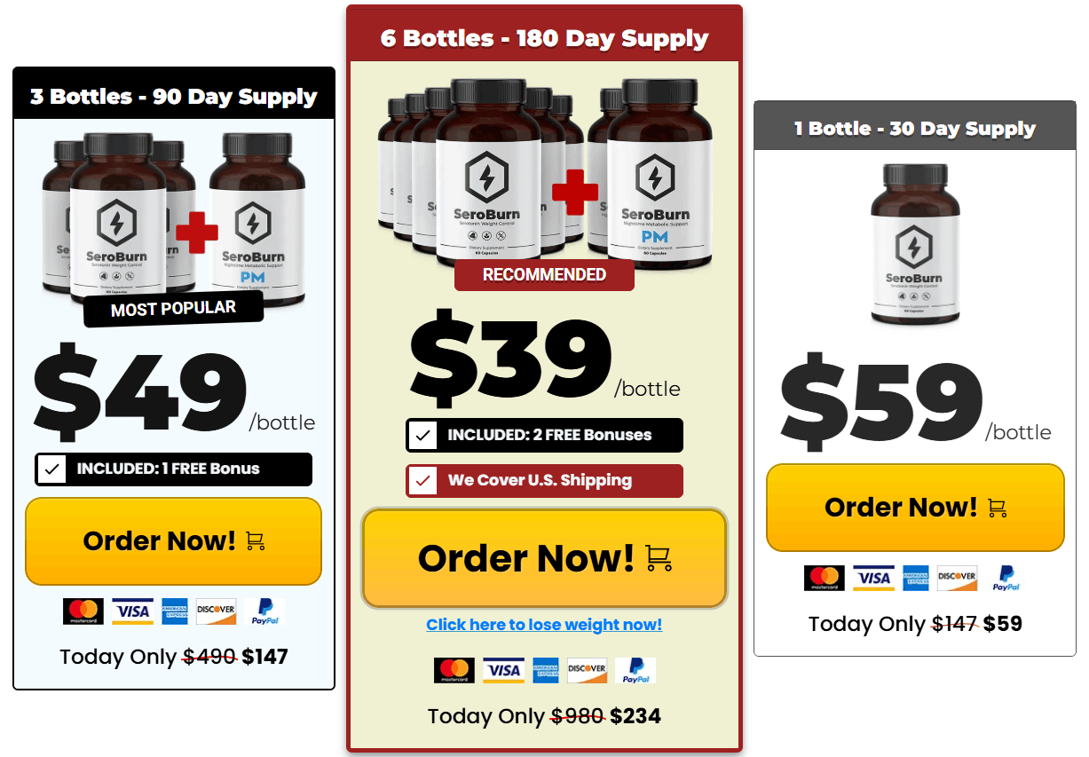 SeroBurn pricing packages — 1 bottle $59, 3 bottles $49 each, 6 bottles $39 each